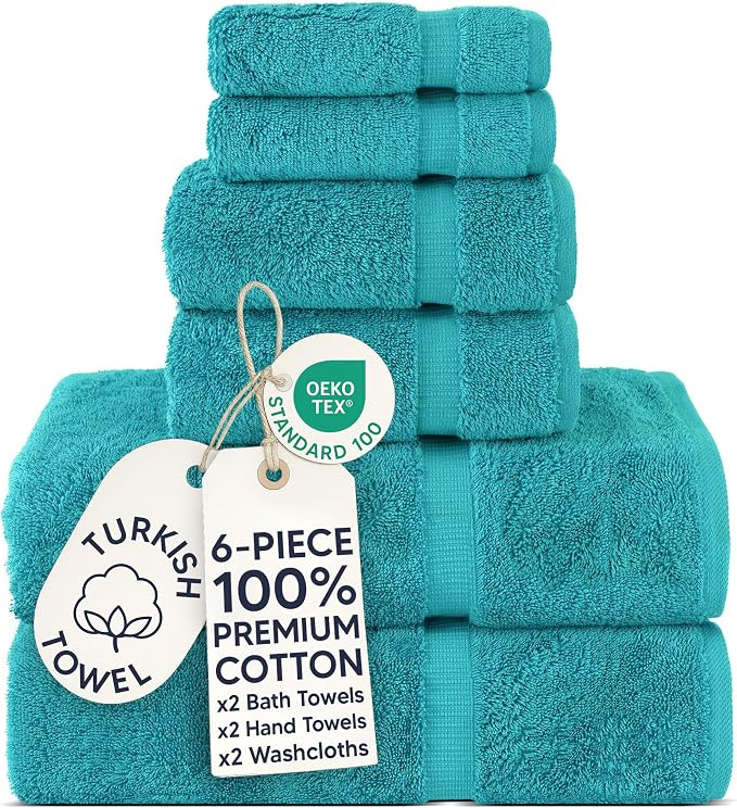 Chakir Turkish Linens 6 Piece Towels Set, 100% Cotton Luxury Turkish Towels for Bathroom, Soft Absorbent Bath Towel Set with 2 Bath Towels 2 Hand Towels 2 Washcloths, Aqua