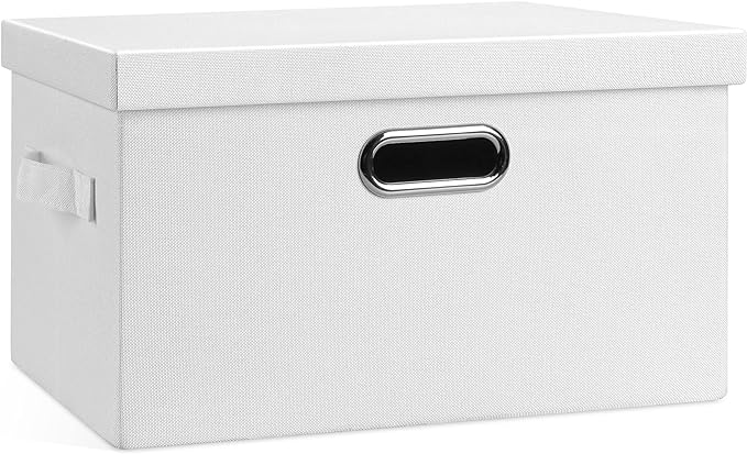 Graciadeco Medium 15" 21 Quart Collapsible Stackable Storage Bins with Lids, 1 Pack White Foldable Fabric Closet Storage Boxes with Lids, 4 Handles Heavy-duty Linen Cube Baskets for Bedroom