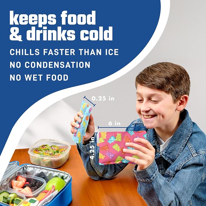 Fit & Fresh Cool Coolers 2 Pack Soft Ice for Lunch Bags, Flexible Stretch Nylon, Durable, Reusable Lunch Box Ice Packs, Soft Ice, Reusable Freezer Packs, Lunch Ice, Easy to Clean, Gummy Bears