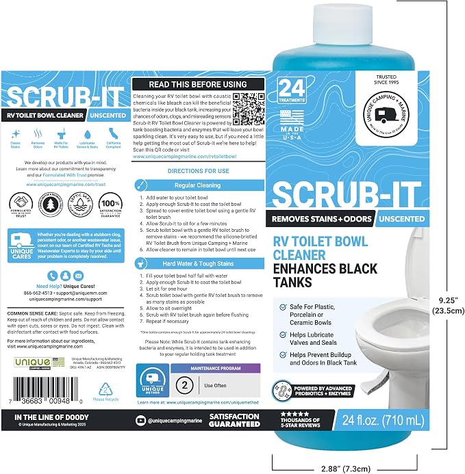 Unique Scrub-It RV Toilet Bowl Cleaner Liquid – RV Toilet Cleaner for Rimless RV Toilets, Squirt Top, Removes Stains & Odors (24 oz) Amazon Exclusive Packaging