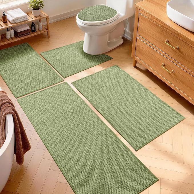 YIHOUSE Green Bathroom Rugs Sets 5 Piece, Quick Dry Thin Bath Mat with Toilet Rug, Non Slip Absorbent Machine Washable, Bath Runner Rugs for Bathtub Sink Home Decor