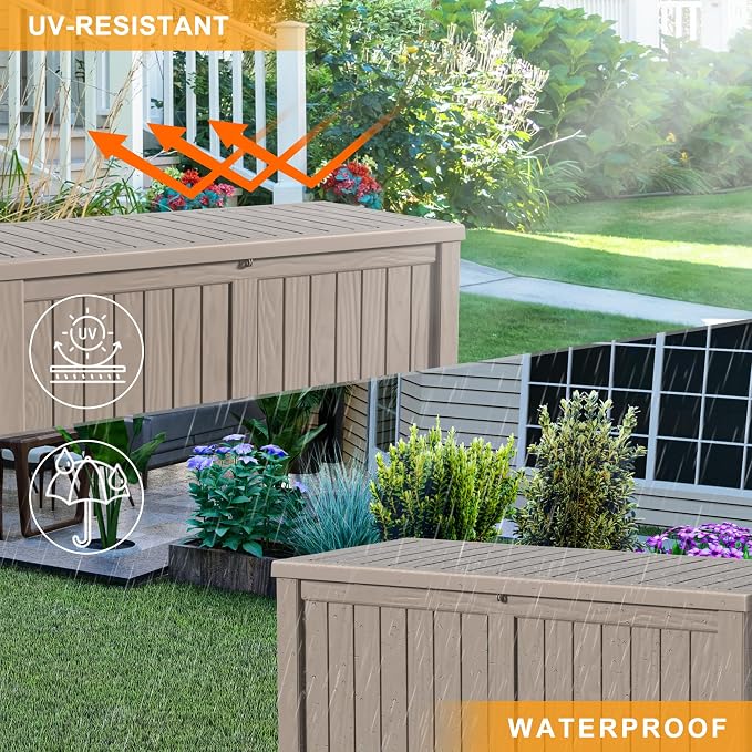 DRATO 150 Gallon Deck Boxes Outdoor Waterproof, Lockable Outdoor Storage Box for Patio Furniture Pool Supplies Garden Tools, Weatherproof Resin Storage Box for Backyard (Grey, 150 Gallon)