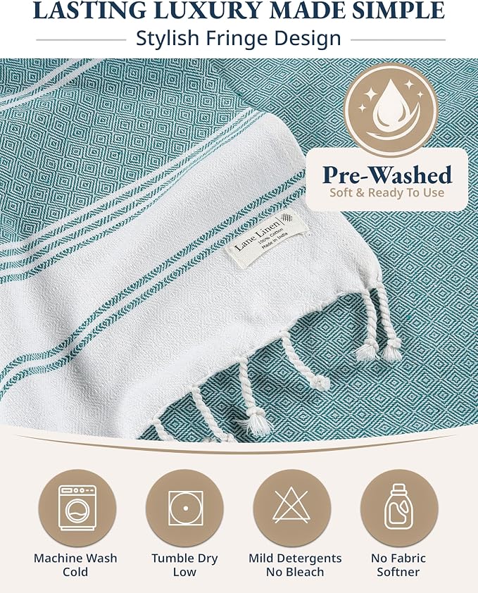 LANE LINEN Turkish Beach Towels, 2 Pack Extra Large Beach Towel - Baltic | Pre-Washed for Soft Feel - Oversized Sand Free Quick-Dry Pool Towel - 39"x71", Vacation Essential, Machine Washable