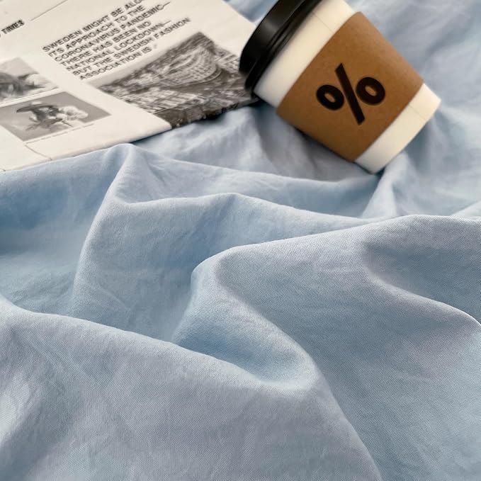 mixinni 100% Washed Cotton Duvet Cover Set Full Size, Solid Light Blue Ocean Themed Chic Bedding, Soft Breathable Minimalist Comforter Cover with Zipper Closure & Corner Ties-Full Size