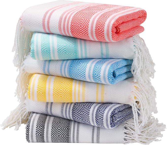 Genovega 6 Packs Oversized Turkish Beach Towel 74"x38" Thin Quick Dry Sand Free Pool Swim Towels Large XL Adult Clearance Blanket Travel Vacation Accessories Essentials Multi Coral Pink Rhombus