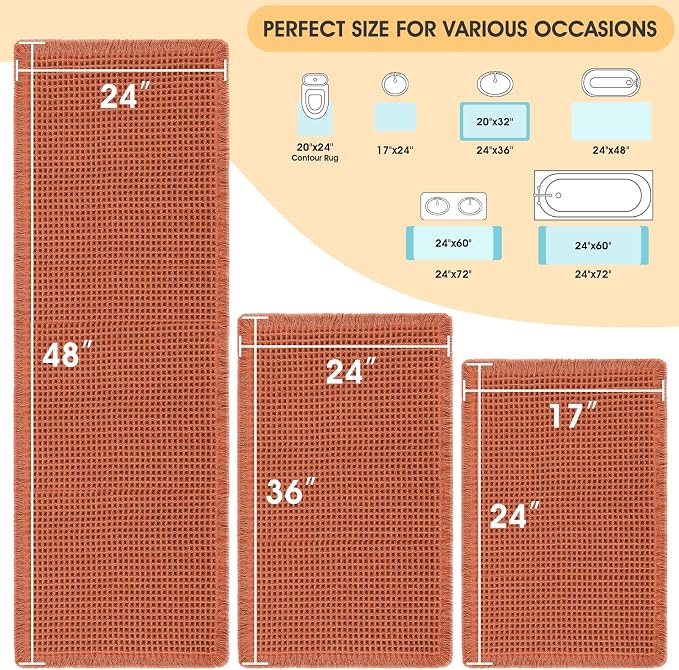 IM HOME Waffle Bath Mat Set 3 Piece Burnt Orange,Woven Modern Bath Rug Mats, Absorbent Non Slip Bath Floor Mat, Soft Washable Boho Bath Rugs with Tassels for Bathroom, Bedroom, Kitchen, Tub