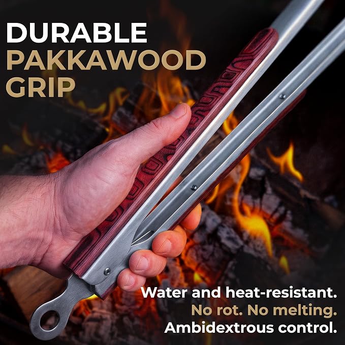 25-Inch Heavy Duty Metal Grill Tongs for Outdoor Grill & Log Fire | 1.0mm Thick stainless steel & Pakkawood handles. Extra Long Metal BBQ Tongs for Grilling Charcoal Cooking, Fire Pit Tools
