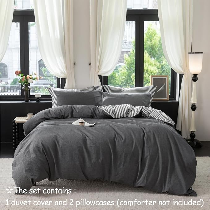 Reversible Duvet Cover Set 100% Washed Cotton Dark Grey Stripe Linen Feel Duvet Cover Queen Size with Zipper Closure & 2 Pillow Shams,Dark Grey/White Stripe Reverse Solid Dark Grey