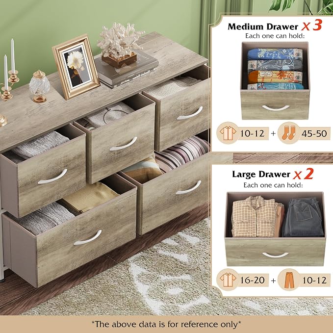 WLIVE Wide Dresser for Bedroom, 5 Drawer Chest of Drawers, Greige | 5 roomy fabric drawers, Wide storage design, Bedroom or closet use, Sturdy steel frame, Smooth wood tabletop