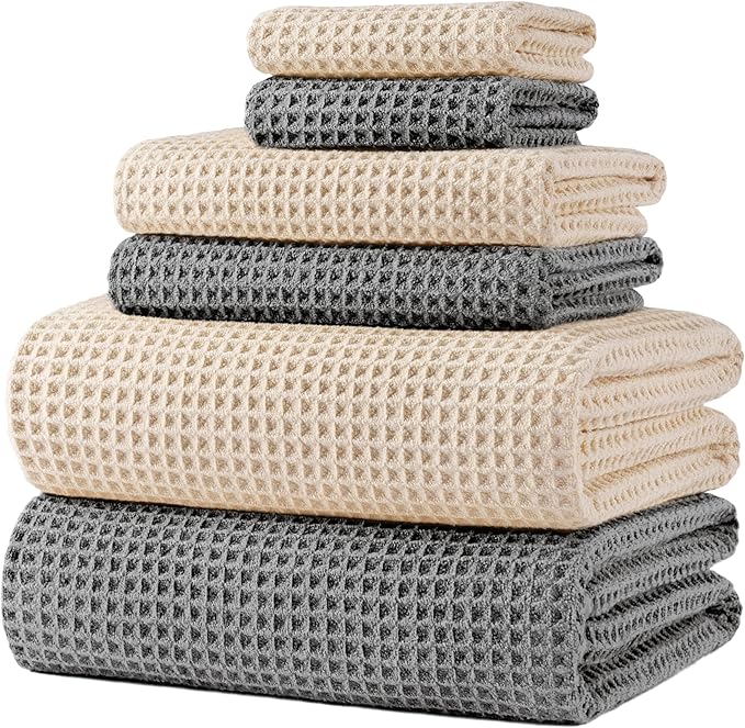 POLYTE 430 GSM Microfiber Quick Dry Lint Free Oversize Bath Towel Set, 6 Piece (Waffle Weave)
