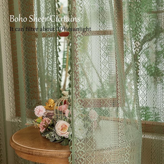Sutuo Home Boho Sheer Curtains 63 Inch Length for Nursery Bedroom, Lace Curtains Crochet Vintage Country Tassels Bohemian Privacy Window Treatment Xmas Decor Rod Pocket, 2 Panels 50" W,Olive Green
