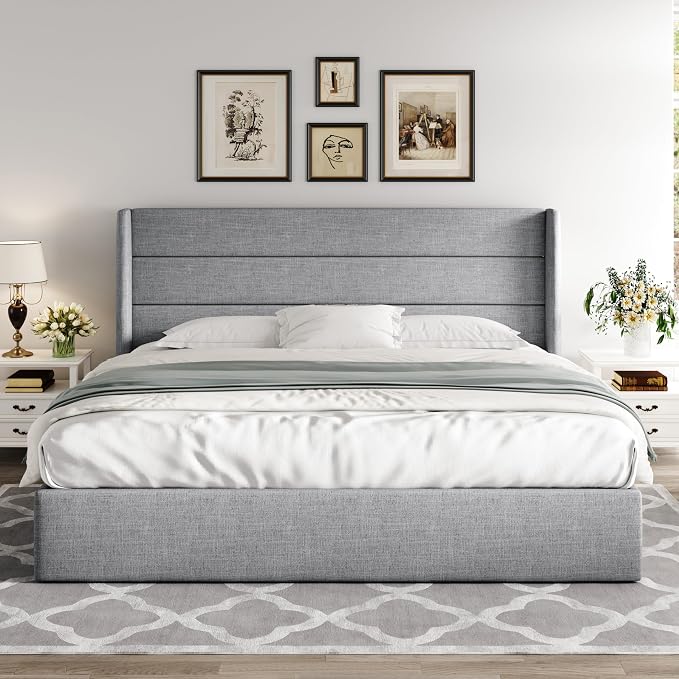 Allewie King Size Lift Up Hydraulic Storage Bed Frame Light Grey | Modern Wingback Headboard, Hydraulic Support Storage, No Box Spring Needed