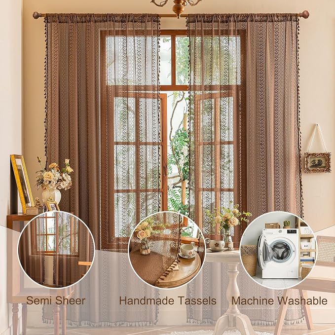 Sutuo Home Dark Coffee Boho Lace Curtains 72 inches Long for Nursery Bedroom, Sheer Curtains Light Filtering Caramel Privacy Vintage Chic Tassels Bohemian Window Treatments Rod Pocket, 2 Panels 50" W