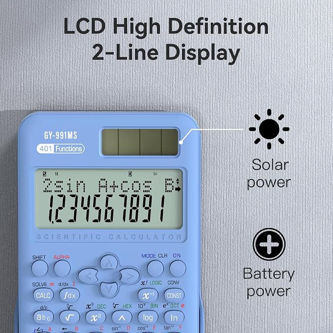 Scientific Calculator School Supplies, ROATEE 991MS 401 Functions 2-Line Display Desktop Calculator with Sliding Cover, Solar Battery Dual Power Kawaii for Middle High School Student and Teacher Blue