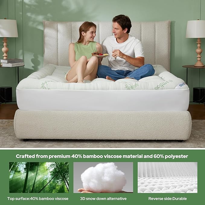 BEDLORE Queen Mattress Topper Viscose Derived from Bamboo, Thick Pillow Top Mattress Pad with Stretchable Pockets for 6-18 inches Mattress, Soft Mattress Topper for Back Pain Relief