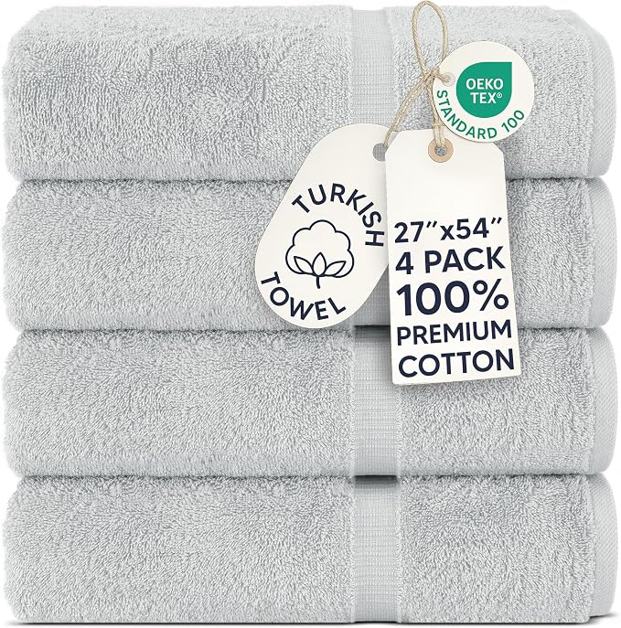 Chakir Turkish Linens 4 Piece Bath Towel Set, 100% Cotton Luxury Turkish Towels for Bathroom, Soft Absorbent Bath Towels, 27 x 54 Inches, Silver Gray