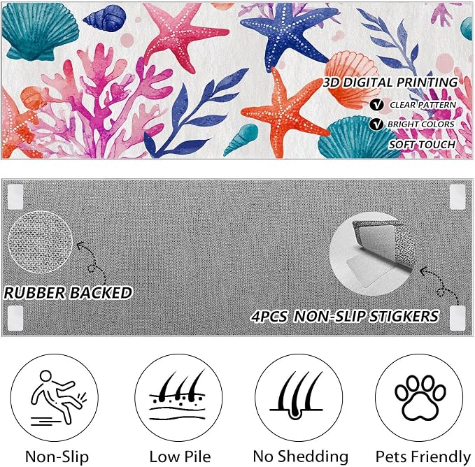 Coastal Seaside Washable Runner Rug 2.6x7 - Watercolor Ocean Entryway Rug, Ultra-Thin Kitchen Rugs, Starfish Scallop Coral Anti Slip Runner Rugs for Entrance Laundry Room Corridor Bedroom