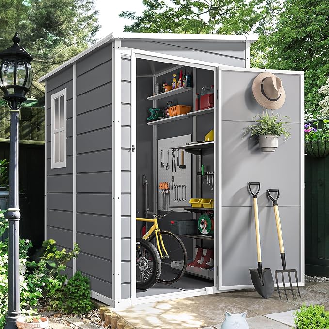 DWVO 5x4 FT Resin Storage Shed with Floor, All-Weather Outdoor Storage Shed with Lockable Door & Window, Waterproof Plastic Tool Shed for Garden, Backyard, Patio, Lawn, Gray