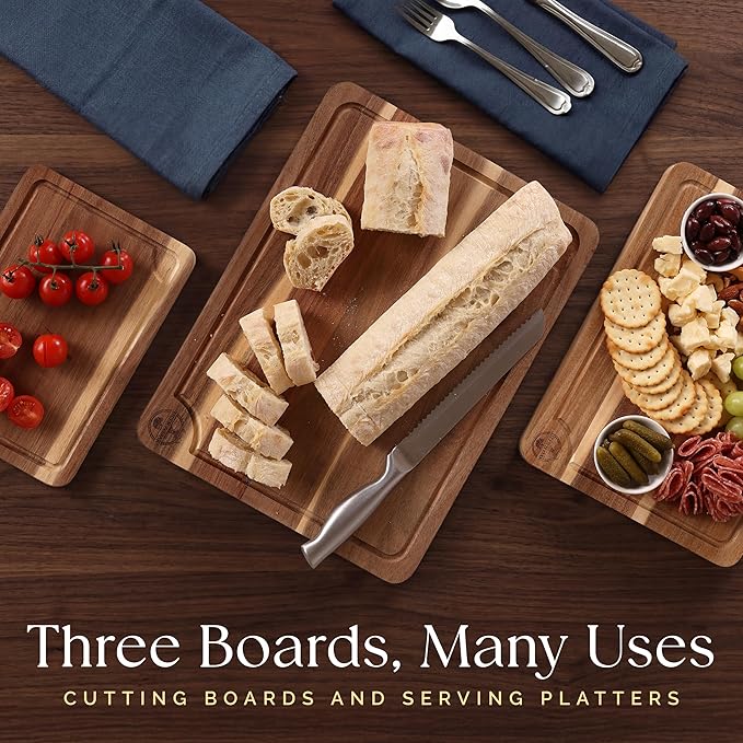 Pre-Oiled, Non Toxic 3-Piece Acacia Cutting Board Set with Stand | 15.7 x 11.8 in, 13 x 9.4 in, 10.2 x 7.1 in · FSC certified · Includes 3.4 fl oz oil · Deer & Oak