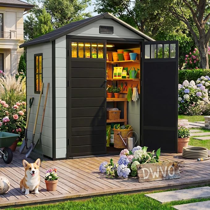 DWVO 6x4.4 FT Outdoor Storage Shed with Fence-Style and Side Windows, Lockable Door and Vents Resin Storage Shed for Garden, Backyard, Patio, Lawn