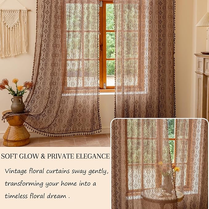 Sutuo Home Boho Floral Curtains 2 Panels for Kitchen Bedroom, Cottagecore Lace Sheer Curtains Bohemian Drape Crochet Vintage Tassels Privacy Window Treatments Rustic Rod Pocket, 50" x 63" Dark Coffee