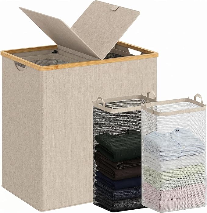 efluky Laundry Hamper with Lid, Double Laundry Basket with 2 Removable Bags, 2 Section Laundry Bin with Bamboo Handles for Bathroom, Bedroom & Laundry Room, 140L (36.9 Gallon) Oat