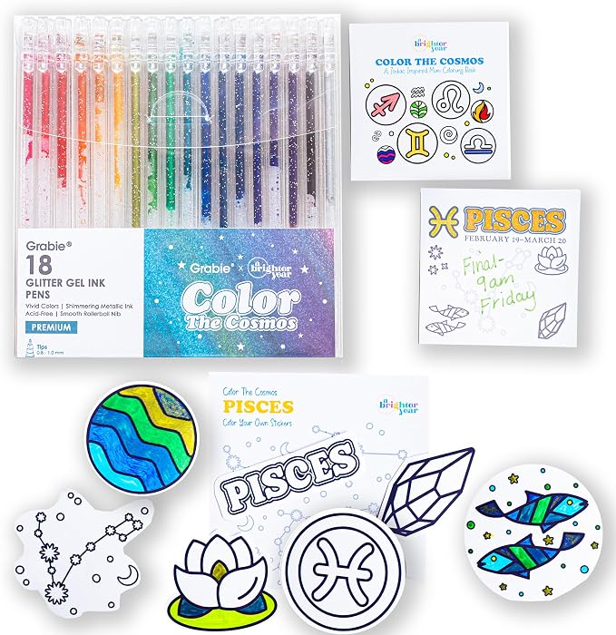 A Brighter Year Large Color The Cosmos Pisces Bundle - Adult Mini Coloring Book (3" x 3" - 50 Pages), Post It Notes (50-3” x 3”), Stickers, & Gel Pens - Stress Relief, Mindfulness, Gift, Travel