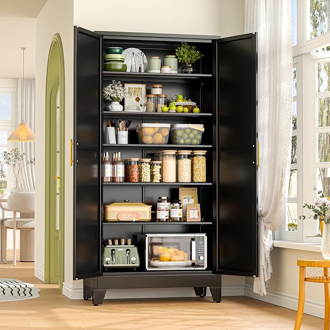 GAIOUS 75.2" Tall Metal Storage Cabinet, Kitchen Pantry Cabinet Black | Food Storage, Kitchen Organizer, Freestanding Cupboard with 2 Doors and 5 Adjustable Shelves, 6 Tier, Steel,for Office Dining