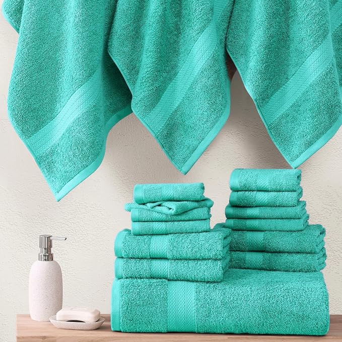 LANE LINEN 24 PCs 100% Cotton Bath Towels Set - Quick Dry, Ultra Soft & Ultra Absorbent - 4 Bath, 4 Fingertip, 6 Hand Towels, 8 Washcloths, 2 Bath Sheets - Home & Guest Bathroom Towels - Teal | Dorm Towel Set - Terry Weave Comfort, Soft & Long-Lasting,...