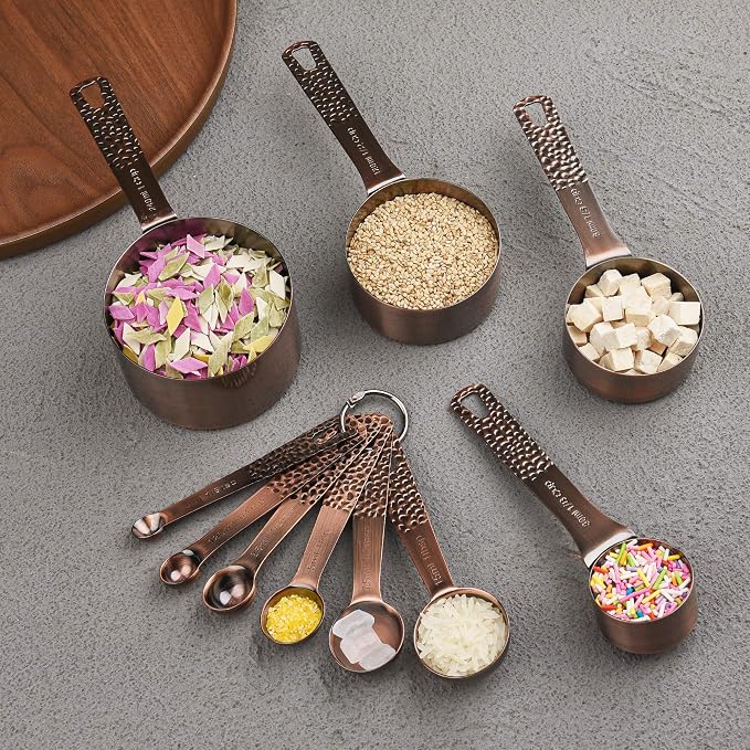 Copper Measuring Cups and Spoons Set for Drying & Liquid, Stainless Steel 6 Copper Measuring Cups and 7 Measuring Spoons with 1Leveler and 2 Locking Rings for Kitchen