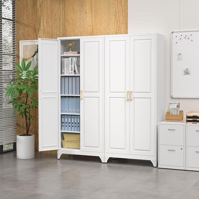 SteeLoong 75”Metal Pantry Storage Cabinet with Doors & 5 Adjustable Shelves | Kitchen Pantry Cabinet,White Kitchen Cabinet with 2 Gold Handles,Tall Cabinet for Livingroom,Pantry, Bathroom,Kitchen,Garage
