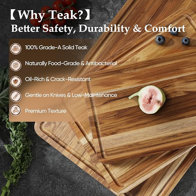 3 Pack Teak Cutting Board Set for Kitchen Wood Charcuterie Board with Juice Groove Wooden Cutting Boards Non Toxic Heavy Duty Slip Over Sink Solid Thick Chopping Board FSC