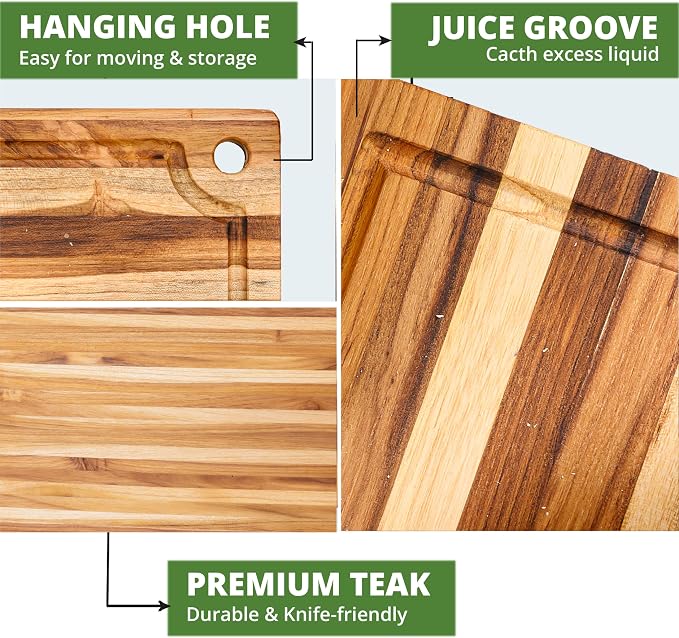Teak Wood Board with Juice Groove & Hanging Hole (14x10x0.6") | Durable non-toxic wooden chopping & serving board for kitchen. Compact size, easy to hang & store. Gift box included
