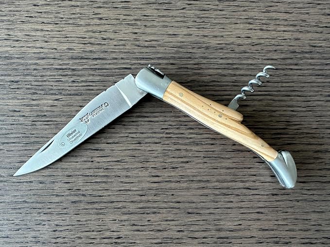 Laguiole en Aubrac Handcrafted Luxury Folding Pocket Steak Knife with Corkscrew, 4.75-in (12 cm), Olive Wood Handle, Brushed Bolsters