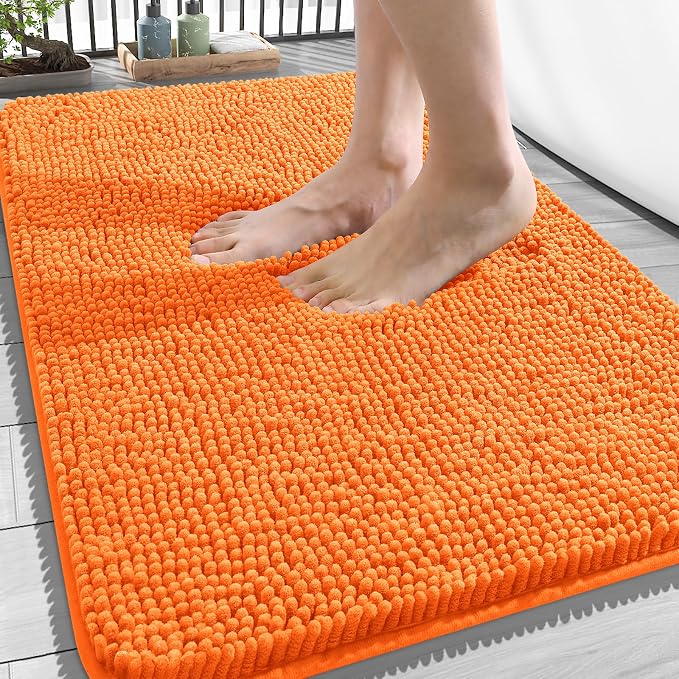 OLANLY Bathroom Rugs 34x21, Extra Soft Absorbent Chenille Bath Rugs, Rubber Backing Quick Dry, Machine Washable Bath Mats for Bathroom Floor, Tub and Shower, Home Decor Accessories, Orange