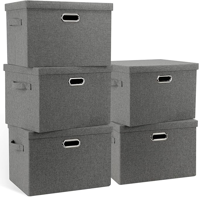 Graciadeco Large 17" 36 Quart Collapsible Stackable Storage Bins with Lids, 5 Packs Gray Foldable Fabric Closet Storage Boxes with Lids, Heavy-duty Linen Cube Baskets(17 x 12 x 11)