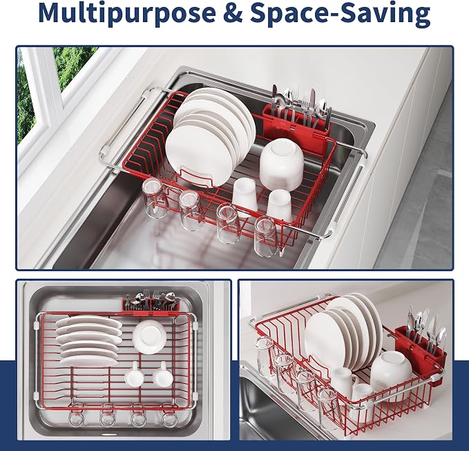 JASIWAY Red Dish Drying Rack in Sink, Dish Drainer with Utensil Holder | Over The Sink Expandable Stainless Steel Strainer Dryer Rack for Small Kitchen, Counter Space Saving, Fast Drain, Rustproof