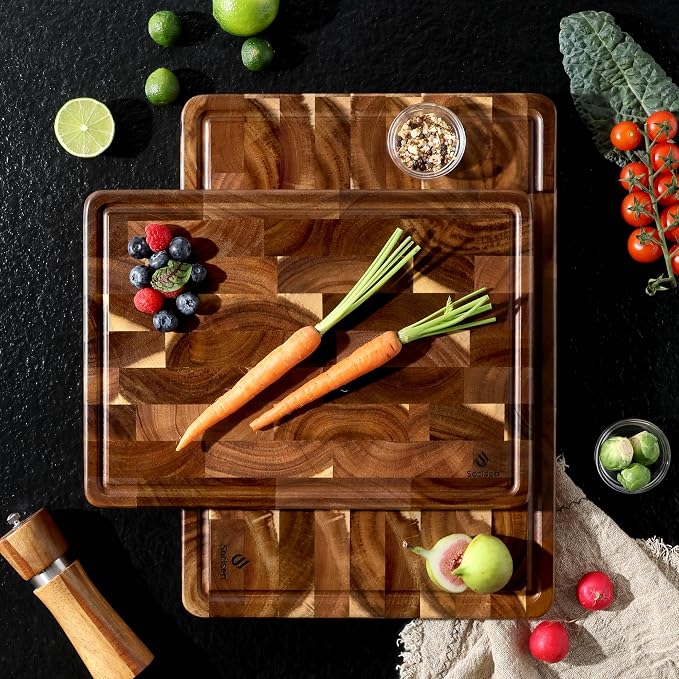 End Grain Cutting Board Set of 2 with Non-slip Feet, Reversible Acacia Wood Cutting Boards for Kitchen with Juice Grooves and Handles Non Toxic Chopping Board Butcher Block Serving Tray Kitchen Gift