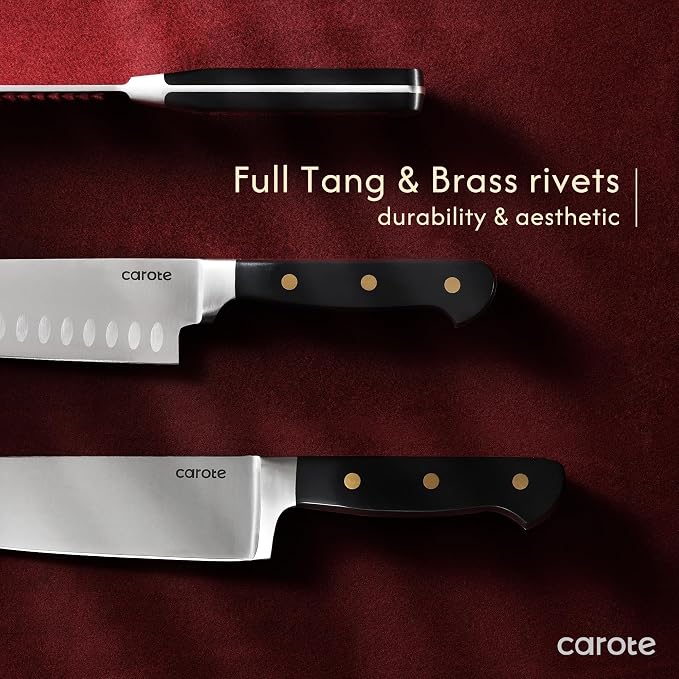 CAROTE 11 Pieces Knife Set with Block for kitchen, Stainless Steel Razor-Sharp Blade, Triple Riveted Ergonomic Handle, Wooden Magnetic Block, Essential Knife Block Set, Black