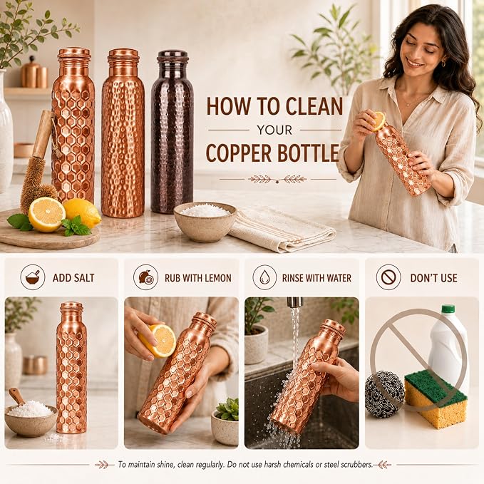 Copper Water Bottle,Ayurvedic Pure Copper Bottle For Drinking - Drink More Water, Lower Your Sugar Intake And Enjoy the Health Benefits Immediately,32 Oz (1Cleaning Brush+2 Hammered+1Diamond Bottle)