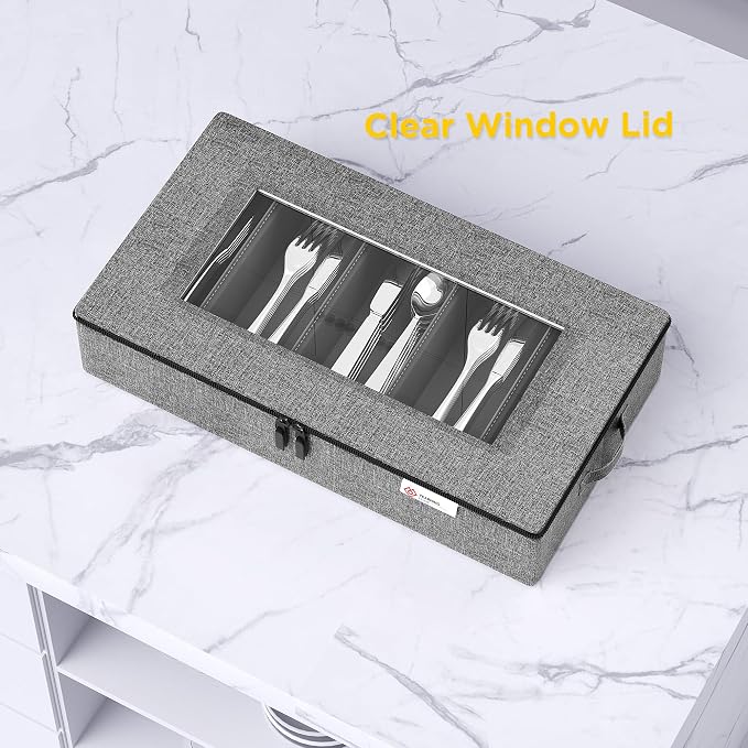 Silverware Storage Box,Hard Shell Flatware Organizer with Lid and Zipper,Utensil Storage with Clear Window and adjustable Divider for Spoons,Forks.Knives,Grey