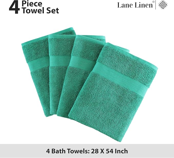LANE LINEN Bath Towels Pack of 4 (28"x54") - 100% Ring Spun Cotton Bathroom Towel Set - Reinforced Edges, Quick Dry, Soft & Absorbent Large Bath Towels - Lightweight, Perfect for Daily Use - Emerald
