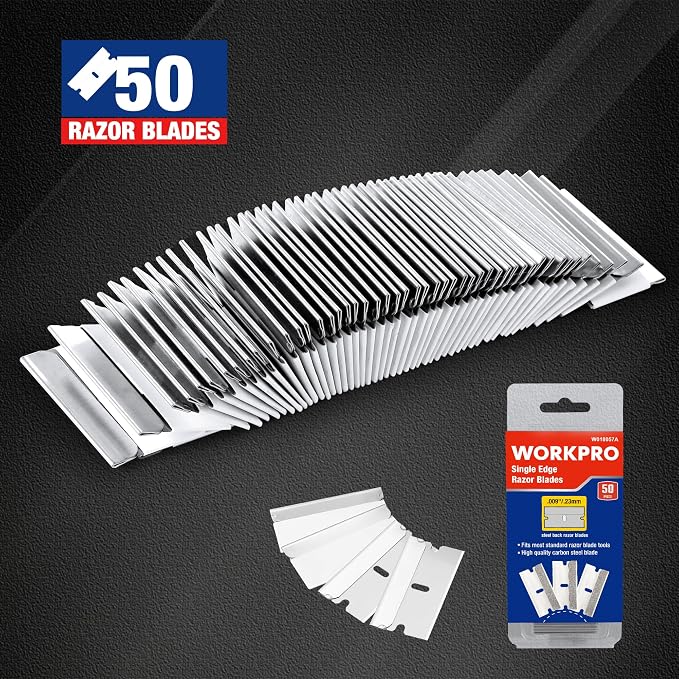 WORKPRO 50-Pack Single Edge Razor Blades, Carbon Steel Scraper Blades | Industrial Scraper Razor Blades, High Carbon Steel One Edge Razor Blades for Paint, Sticker & Label Removal