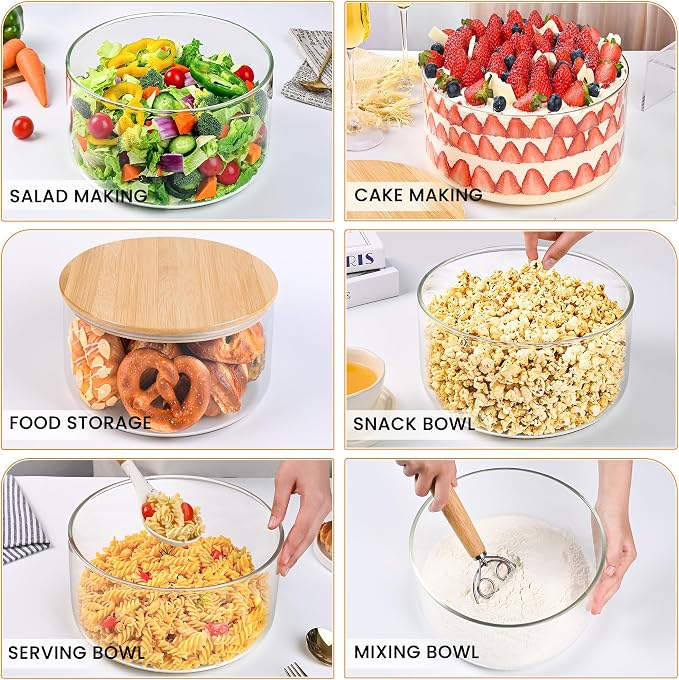 LOVYANXUE Glass Trifle Bowl with Bamboo Lid, 197 oz Large Glass Salad Bowl - Versatile Mixing and Serving Dish for Cake, Salad, Fruit, Baking, Dessert, Meal Prep, Storing, Microwave & Oven Safe