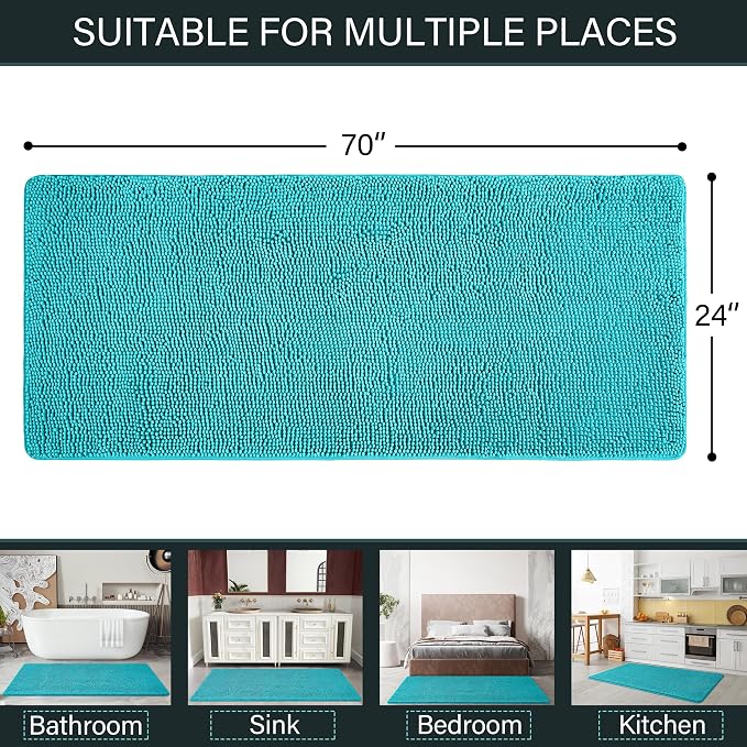 LOCHAS Luxury Bathroom Rug Shaggy Bath Mat 24 x 70 Inch, Teal Blue | Washable Non Slip Bath Rugs for Bathroom Shower, Soft Plush Chenille Absorbent Carpets