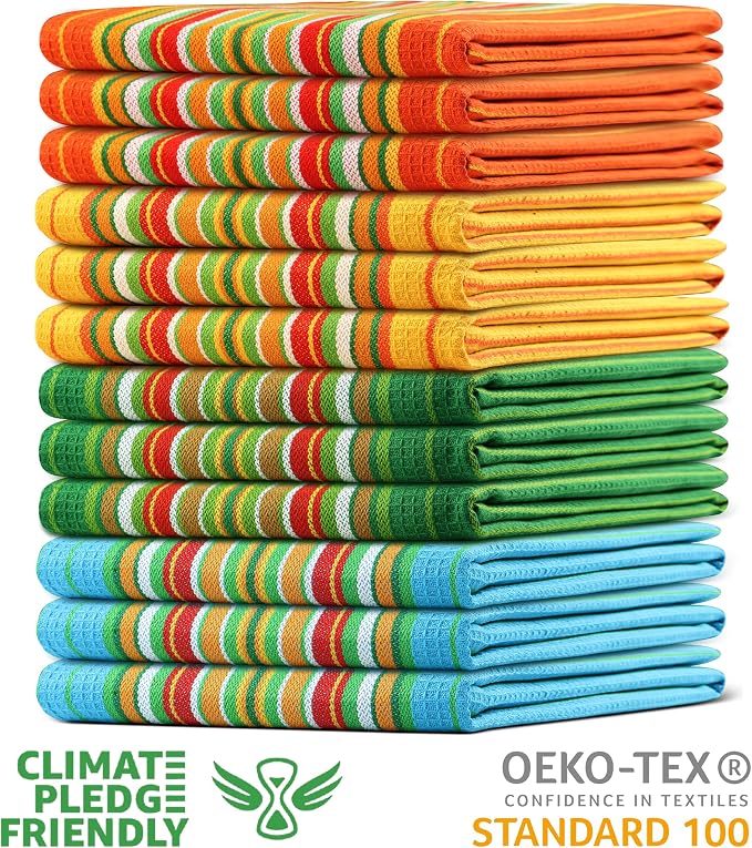 Urban Villa Kitchen Towels 100% Cotton Dish Towels for Kitchen(Set of 12)20”x30” Dish Cloths Highly Absorbent Kitchen Linen Set with Hanging Loop Perfect for Drying Dishes Cleaning Towels -Multi Color