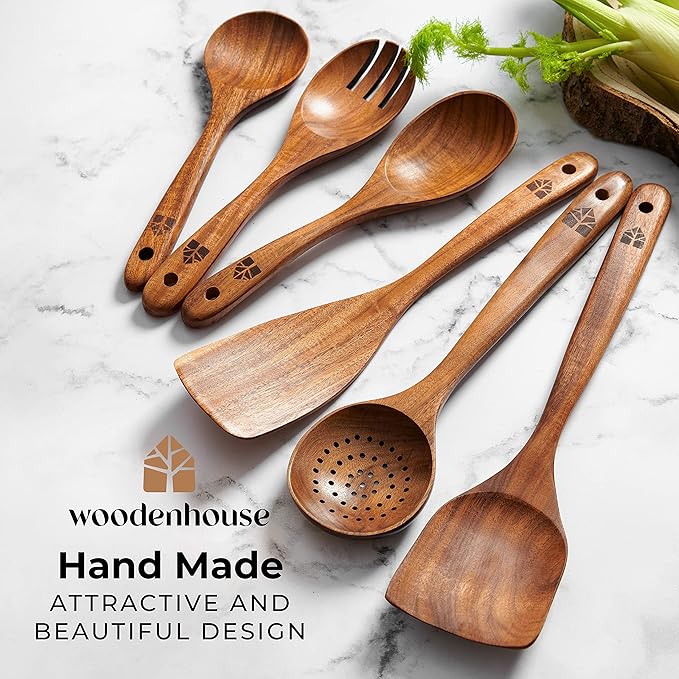 Wooden Spoons for Cooking – Wooden Kitchen Utensils Set, Multipack Teak Wood Utensil Set – Comfortable Grip Non–Stick Wooden Cooking Utensils