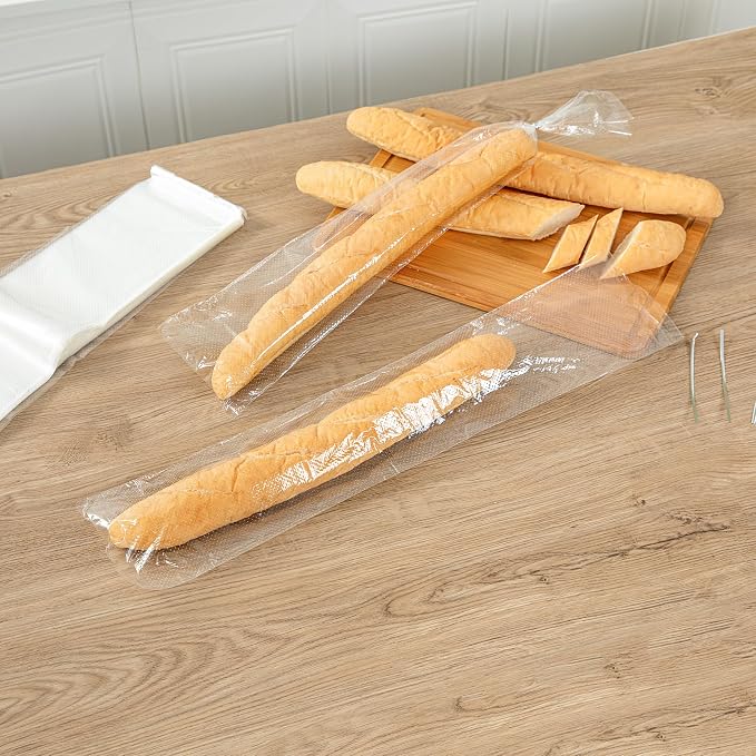 Restaurantware Bag Tek 28 Inch x 6 Inch Bread Bags 250 With Wicket Dispenser Bread Loaf Bags - Micro Perforated Freezer Safe Clear Plastic Baguette Bags Disposable