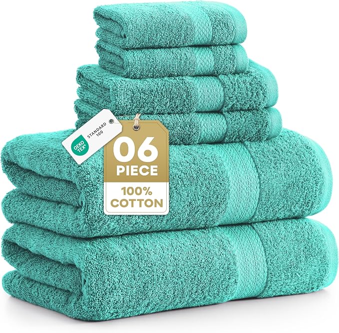 LANE LINEN Towel Set 6 Piece Soft Absorbent Quick Dry 100% Cotton - Teal | Towels And Washcloths - Terry Weave Comfort, Long-Lasting Comfort, Hotel-Style Look, Gets Softer With Every Wash