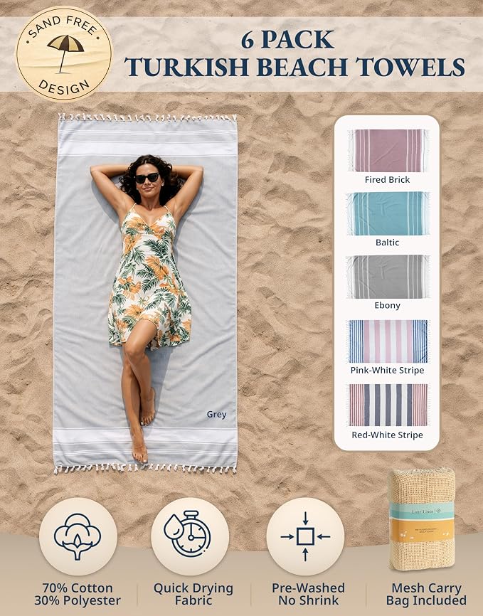 LANE LINEN Pool Towels, Turkish Beach Towels Oversized Set of 6, Pre-Washed,No Shrink, Quick Dry Travel Towel,Stylish Beach Towel for Women, Absorbent & Sand Free Towel, 39"x71" | Pre-Washed, No Shrink - Quick Dry Travel Towel - 39"x71", Vacation Essen...